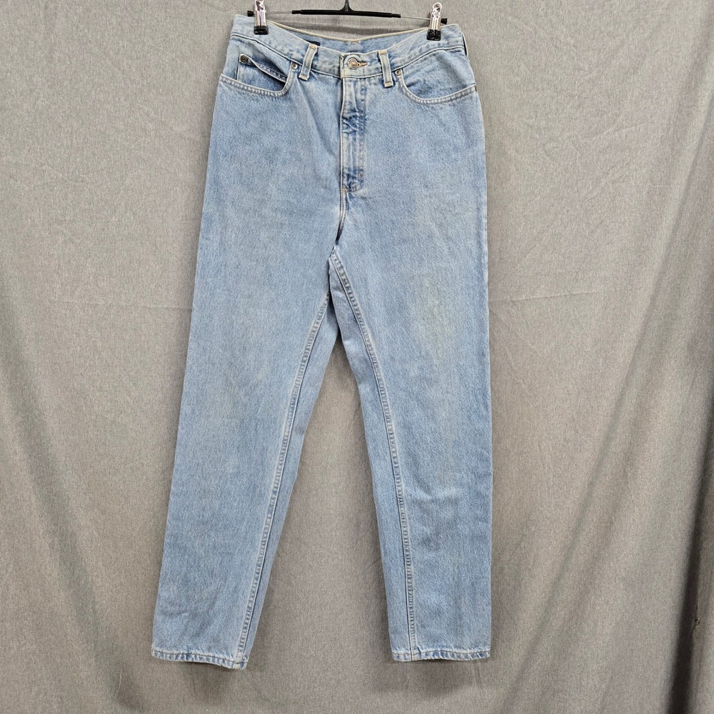 Lands End High Waisted Mom Jeans Light Wash Tapered Leg Blue Denim Womens 8 Reg